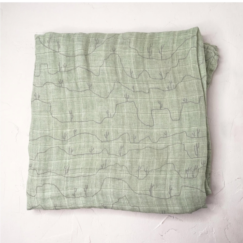 Little Unicorn Soft Cotton‎ Muslin Blanket Swaddle Sage Green with Cactus Print